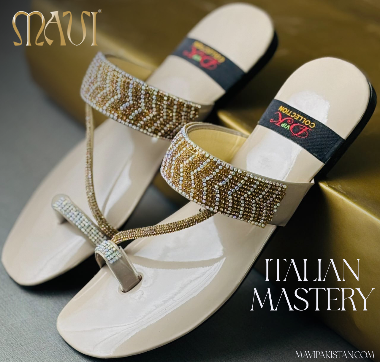 Beige Diamond and Gold Slipper - MAVI